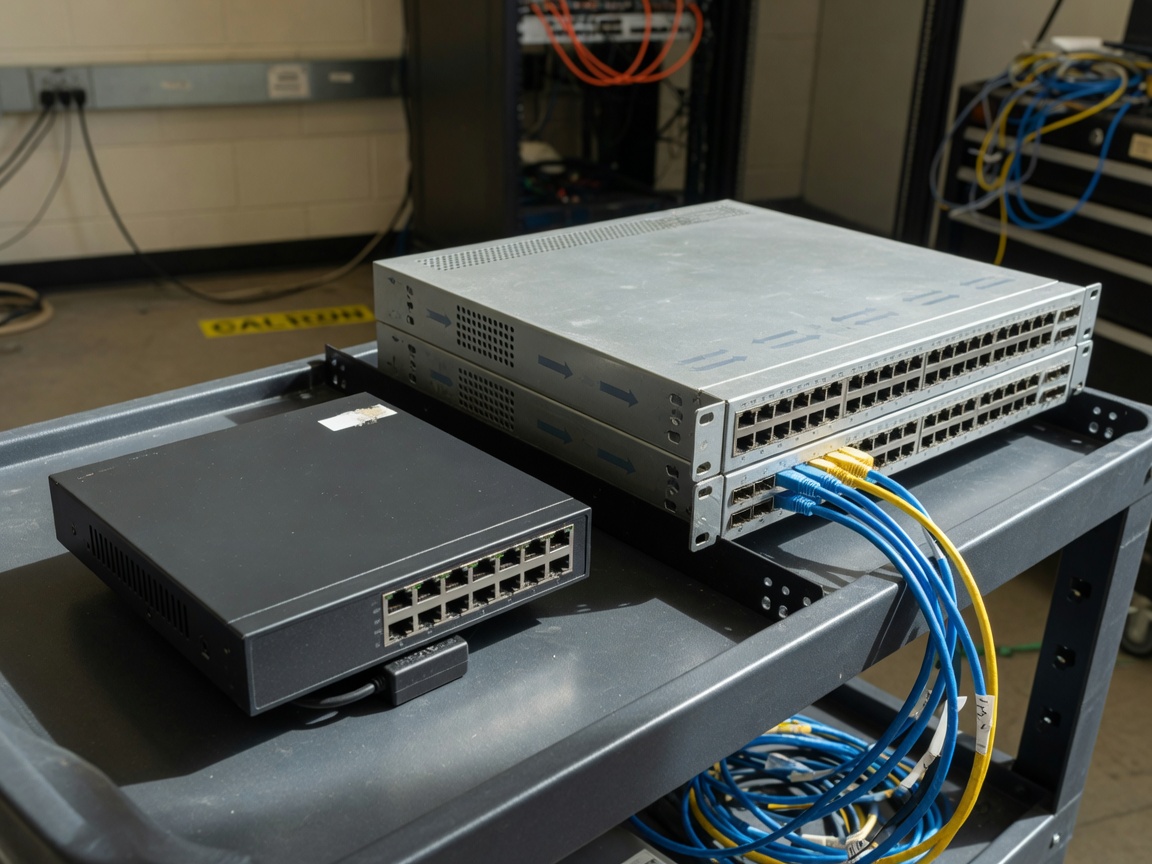 Comparativa de factor de forma de switch PoE: escritorio 8 puertos vs. rack 1U 24 puertos con flujo de aire indicado